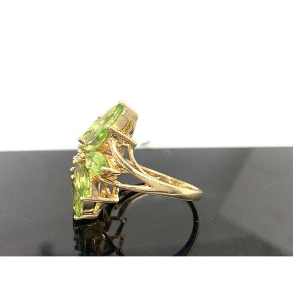 Green Gemstone Diamond Floral Cocktail Ring 14k Yellow Gold Womens Estate Size 7 - Picture 2 of 15
